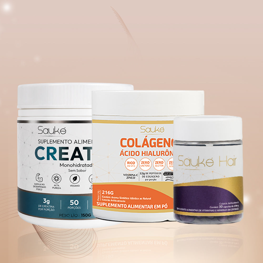 Kit 1 Colágeno + 1 Creatina + 1 Sauke Hair