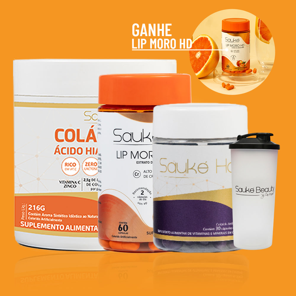 Kit 1 Colágeno + Sauke Hair + Lip moro HD + copo ganha Lip moro HD