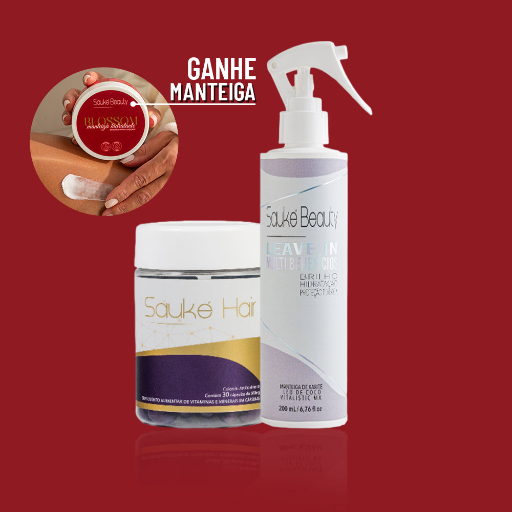 Kit Leave in multibeneficio + Sauke Hair ganha Manteiga Hidratante Blossom