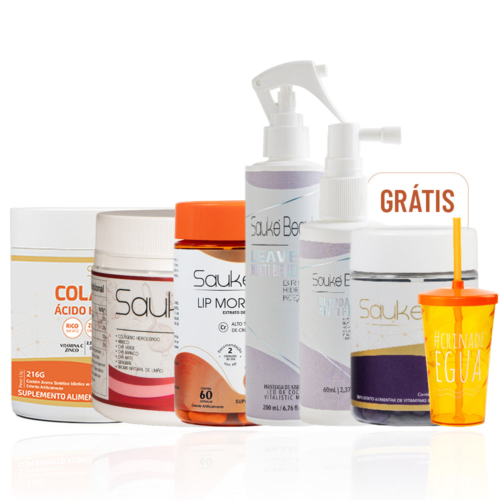 Combo TUDÃO: Colágeno + Chá + Lip moro HD + Leave in ganha Blindagem + Sauke Hair + Copo