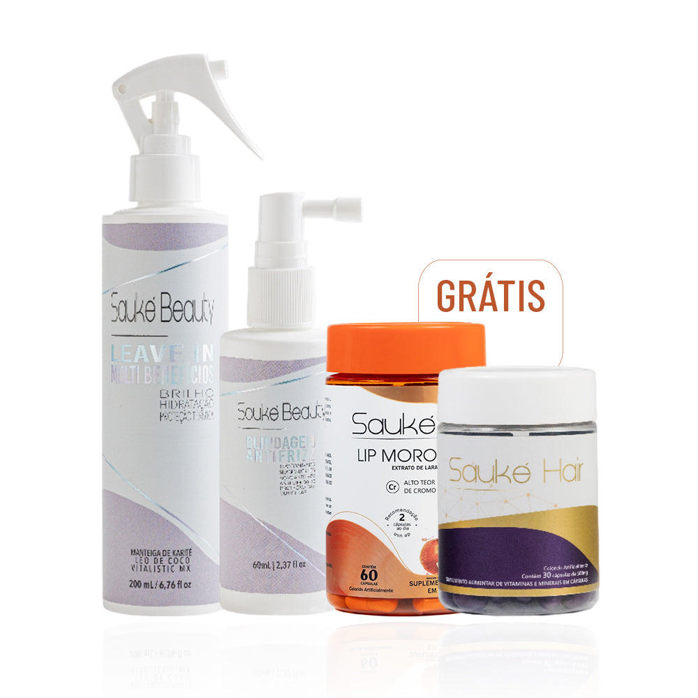 Kit compre 2 leve 4: Leave in + Blindagem ganha Lip moro HD + Sauke Hair.