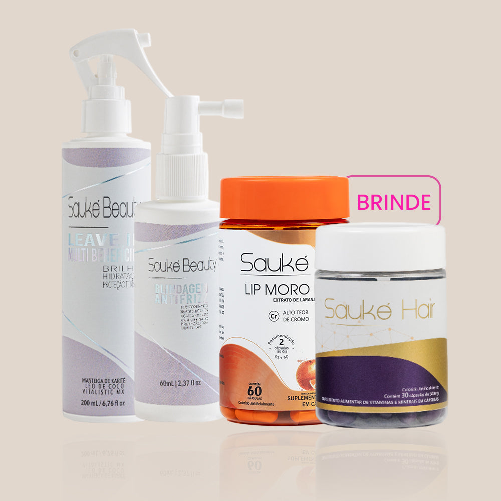 Kit compre 2 leve 4: Leave in + Blindagem ganha Lip moro HD + Sauke Hair.