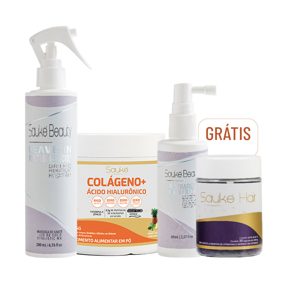Kit compre 2 leve 4: Leave in multibeneficio + Colágeno ganha Blindagem + Sauke Hair.