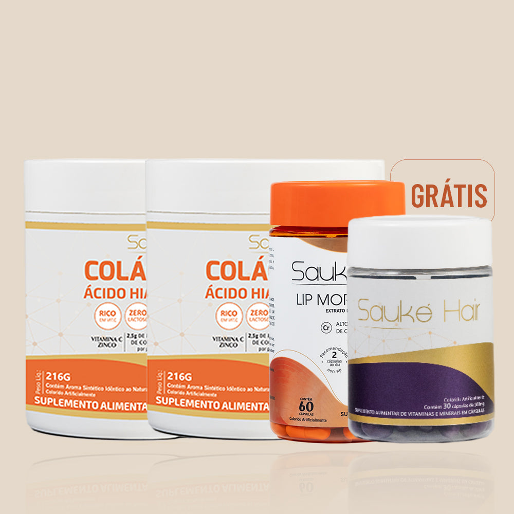 Kit Compre 2 Leve 4: 2 Colágenos ganha Sauké Hair e Lip Moro HD
