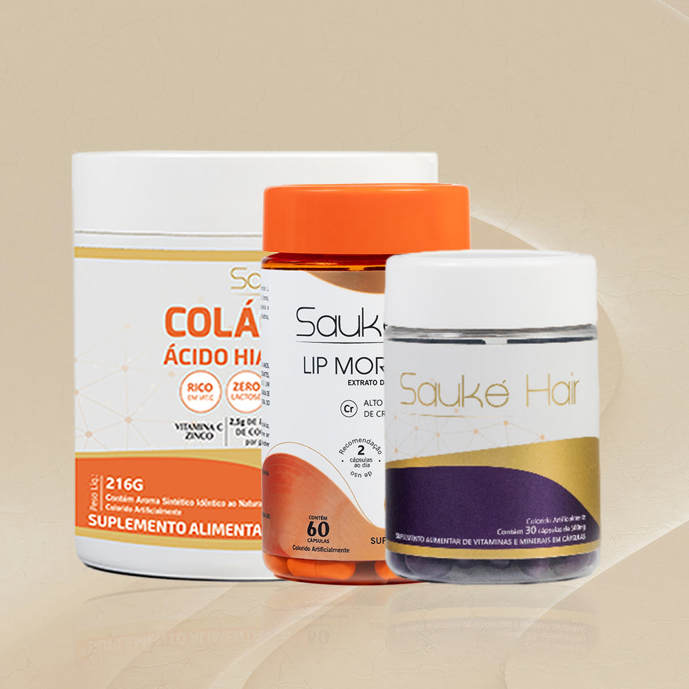 Kit - 1 Colágeno + 1 Sauke Hair + 1 Lip moro HD - Cabelo, corpo e pele