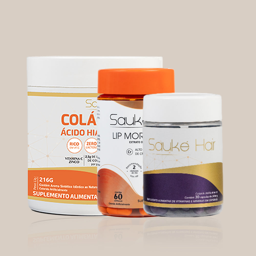 Kit - 1 Colágeno + 1 Sauke Hair + 1 Lip moro HD - Cabelo, corpo e pele