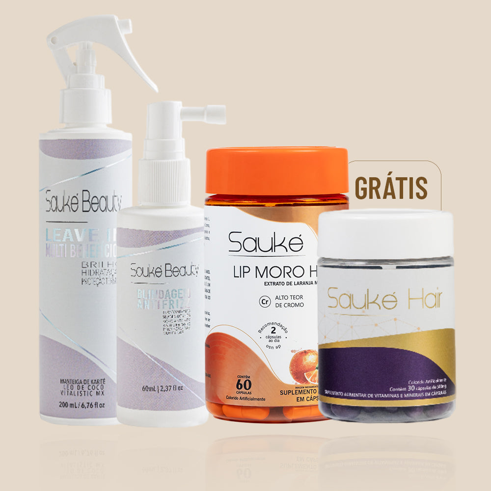 Kit compre 2 leve 4: Leave in + Blindagem ganha Lip moro HD + Sauke Hair.