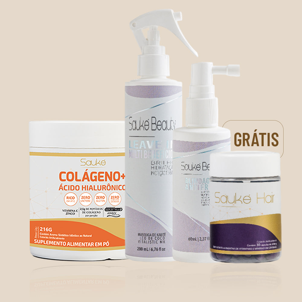 Kit compre 2 leve 4: Leave in multibeneficios + Colágeno ganha Blindagem + Sauke Hair