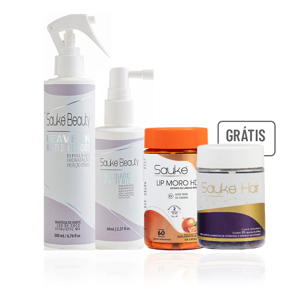 Kit Beleza Total: Multibenefícios Leave-In + Blindagem Antifrizz + Lip Moro HD + Hair Brinde